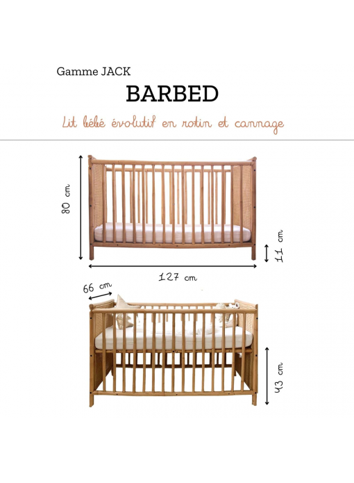 Lit évolutif à barreaux en rotin et cannage naturel