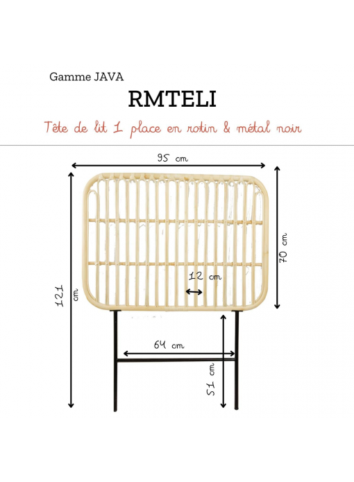 Tête de lit 1 place en rotin naturel et métal JAVA