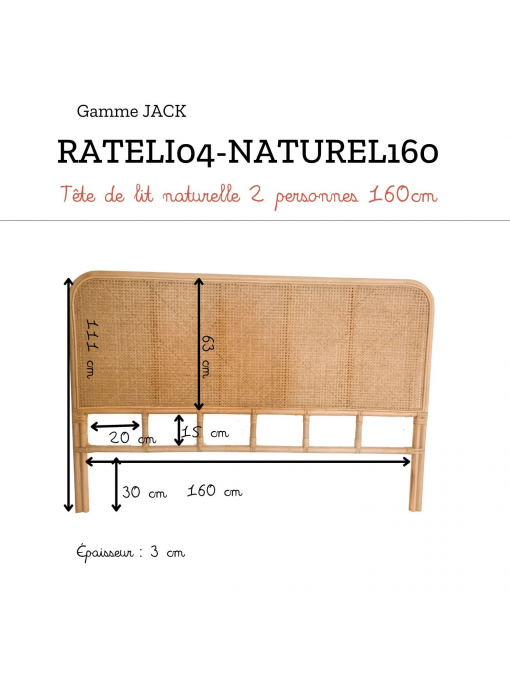 Tête de lit en cannage et rotin naturel 2 pers. 160cm JACK