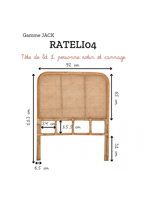 Tête de lit 1 personne rotin naturel et cannage JACK