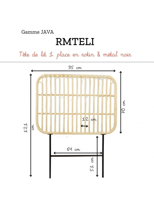 RECYCLE - Tête de lit 1 place en rotin naturel et métal JAVA - Parfait état