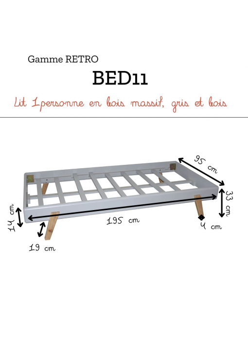 Lit 1 place 90cm en bois massif gris et bois RÉTRO