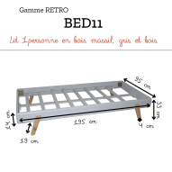 Lit 1 place 90cm en bois massif gris et bois RÉTRO