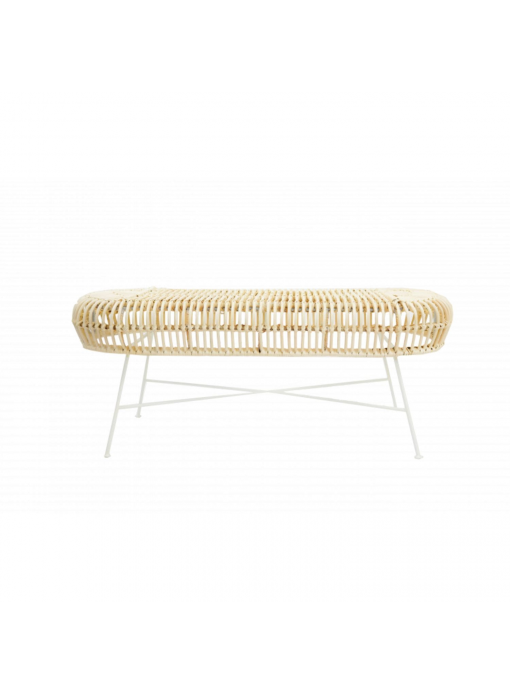 Banc JAVA BLANC en rotin blanchi et métal blanc, vue de face sur fond blanc
