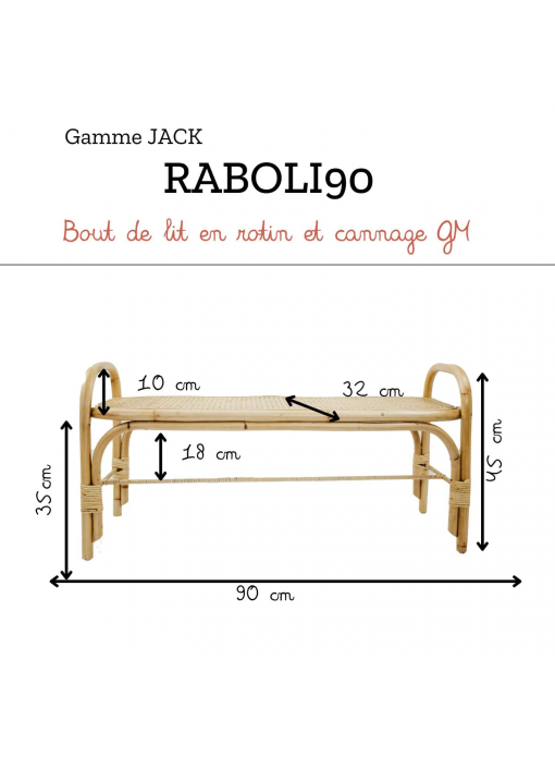 Banc et bout de lit en rotin naturel et cannage grand modèle 90cm JACK