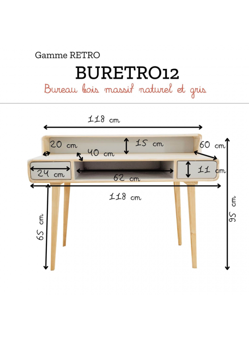 Bureau bois massif naturel et gris RÉTRO