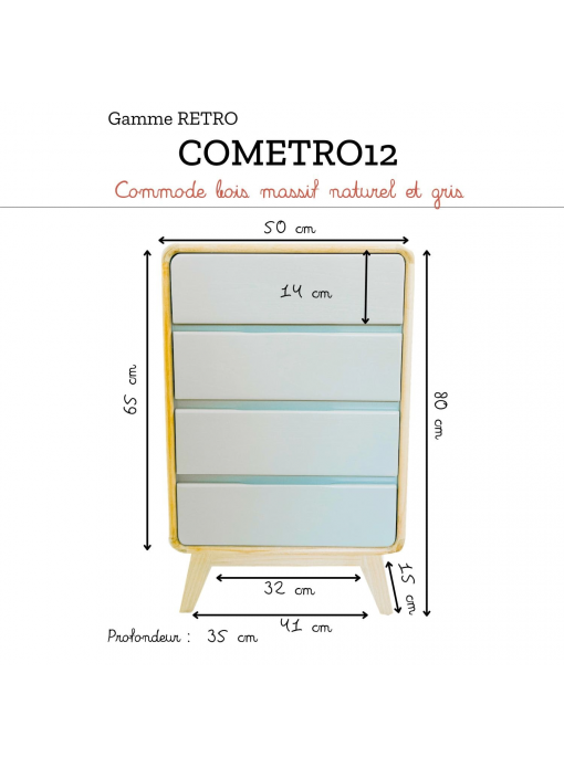 Dimensions de la commode RÉTRO : largeur 50 cm, profondeur 35 cm, hauteur 80 cm