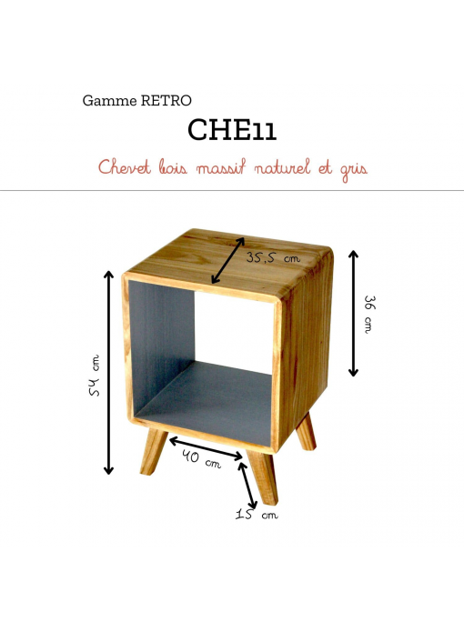 Chevet bois massif naturel et gris RÉTRO