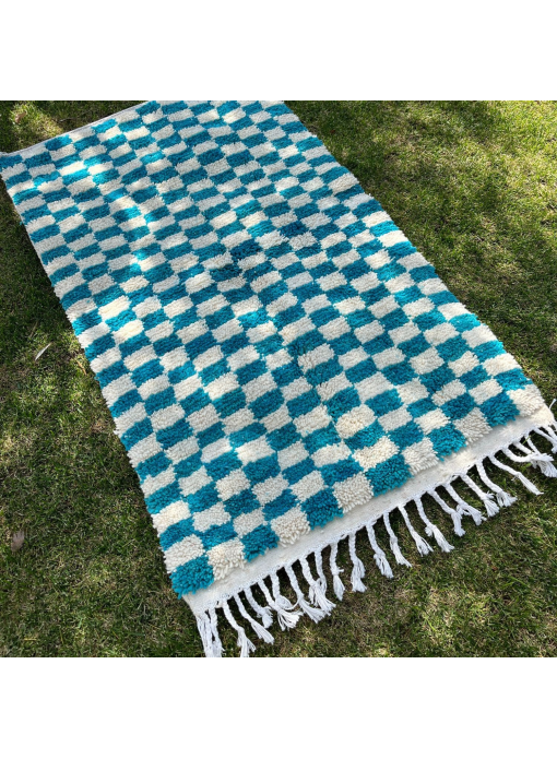 Tapis en laine Beni ouarain damier couleur bleu 100x150cm