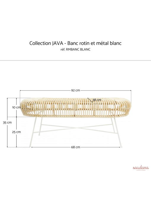 Dimensions du banc JAVA BLANC : longueur 92 cm, profondeur 38 cm, hauteur 35 cm