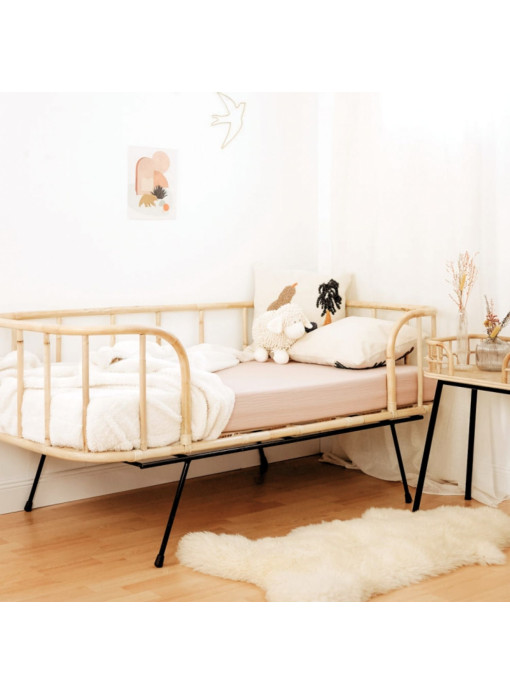 OCCASION - Lit enfant rotin blanchi et métal JAVA 70x140 cm